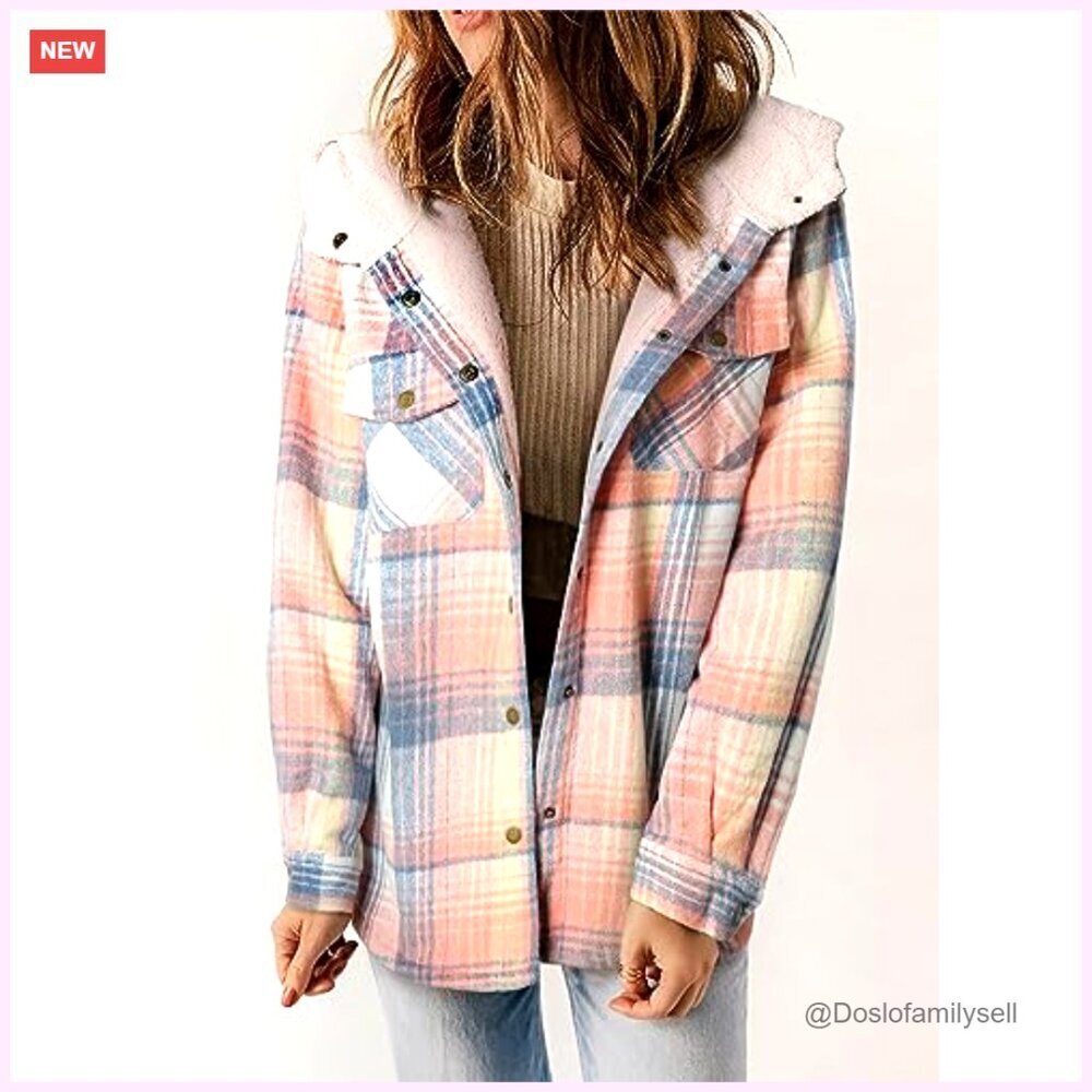 Fleece-Lined Plaid Hooded Shacket, Boyfriend Fit, Button Front & Cuffs - Picture 2 of 7